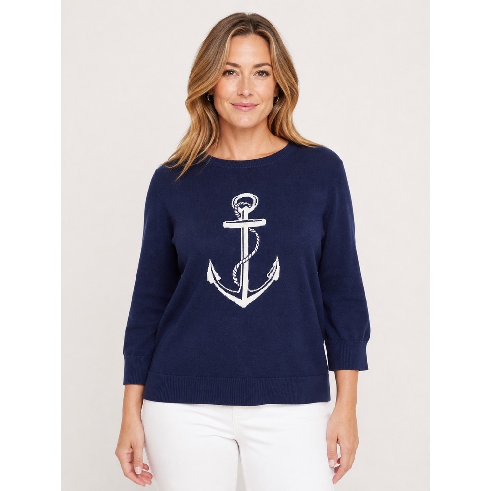 Banana Republic XL Navy Anchor Intarsia Sweater Nautical Coastal Preppy Cotton